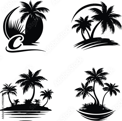 Tropical palm tree vector illustration of beach island sunset paradise scene