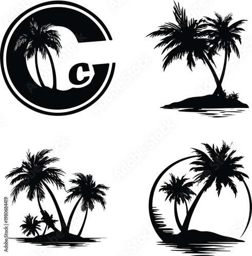 Tropical beach island vector illustration with palm trees sunset ocean landscape