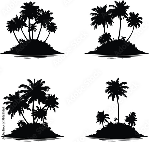Tropical beach sunset with palm tree silhouettes over ocean and island landscape with sea sky and summer vacation mood