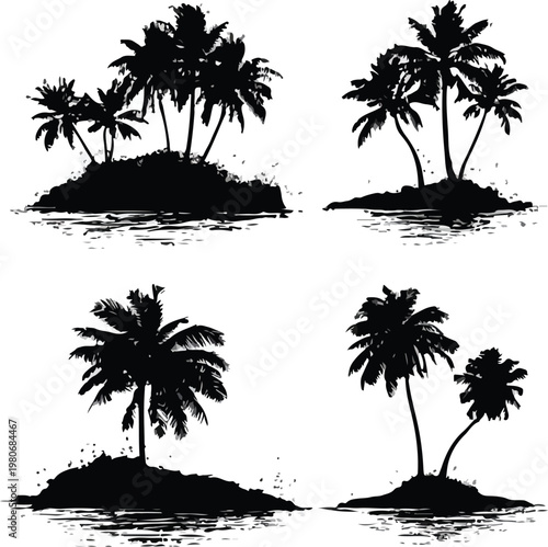 Tropical beach sunset with palm tree silhouettes over ocean, island sky and summer paradise vibe