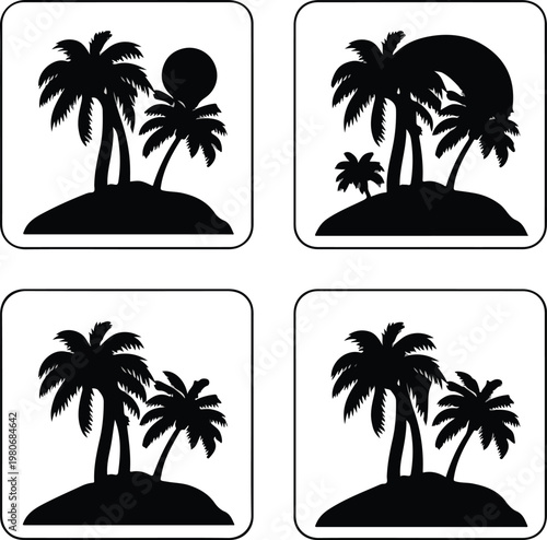 Tropical palm tree vector silhouettes on a beach island at sunset with ocean, sand, and summer paradise landscape illustration