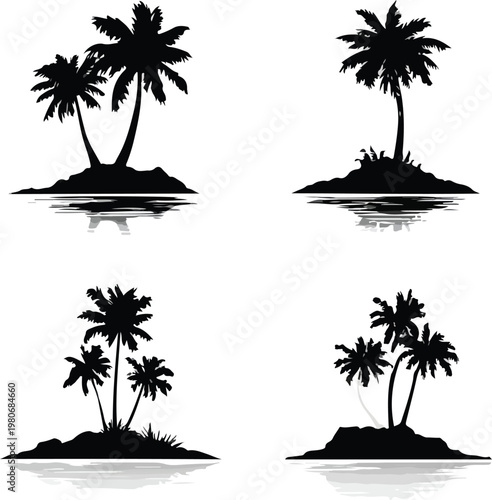set of palm tree silhouettes tropical beach summer sunset ocean vector illustration design with nature and travel island holiday theme