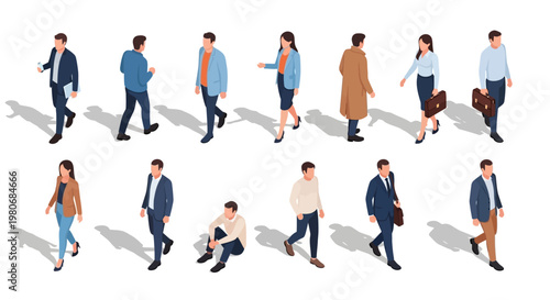 Isometric Vector People Set Featuring Walking and Sitting Figures with Shadows for Architectural Diagrams 
