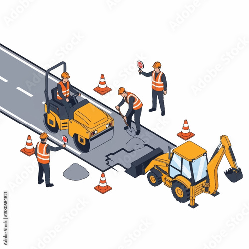 Fotografía Road construction workers repairing asphalt highway.