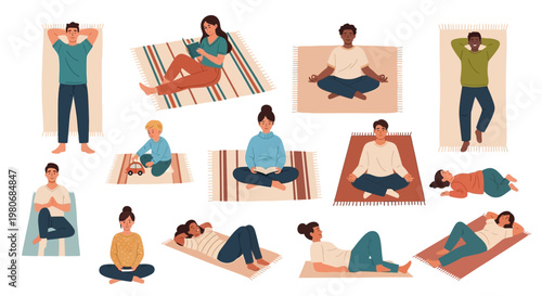 Top View Minimalist Flat Vector Park Scene: Diverse People Relaxing and Picnic on Mats 