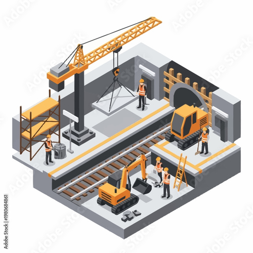 Isometric illustration of workers constructing tunnel with heavy machinery.
