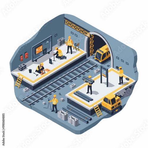 Isometric illustration of workers in a train maintenance depot with yellow vehicles.
