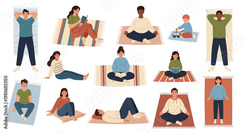 Top View Minimalist Flat Vector Park Scene: Diverse People Relaxing and Picnic on Mats 