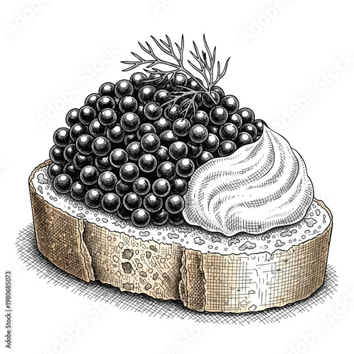 Elegant appetizer featuring black caviar on rustic bread with garnished cream and fresh herbs