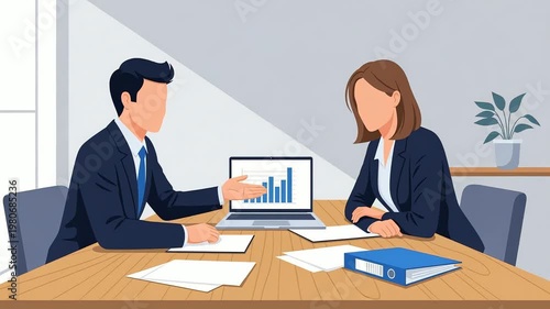 Two business people having a meeting in an office setting. Analyzing data on a laptop with charts and graphs. Professional collaboration and corporate strategy illustration