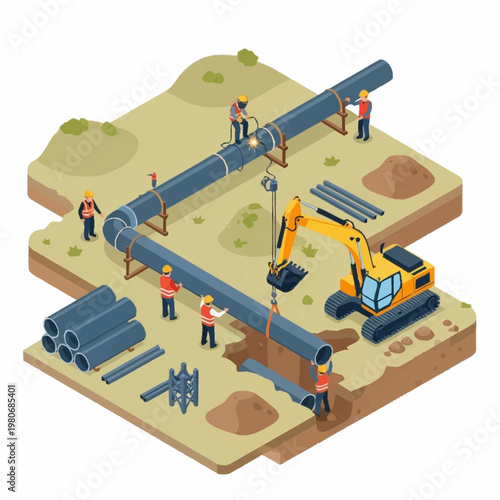 Construction workers installing large pipeline.