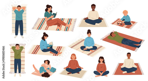 Top View Minimalist Flat Vector Park Scene: Diverse People Relaxing and Picnic on Mats 