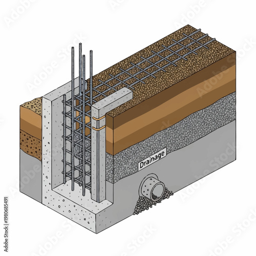 Reinforced concrete foundation with steel rebar.
