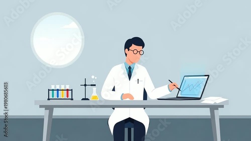 Scientist in a lab coat working on a laptop with data graphs in a laboratory. Research and development in science and technology. Flat illustration animated graphics
