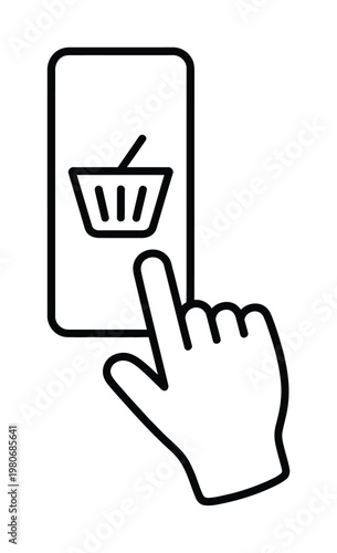 Hand touching a smartphone screen showing a shopping cart icon in a vector graphic design