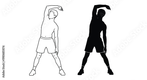 Minimalist vector illustration showing a fit man performing a side stretch exercise in athletic clothing