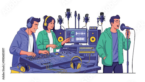 Sound Studio Session: A vibrant illustration showcasing a sound recording session with a singer, producer, and sound engineer collaborating to create musical artistry. 