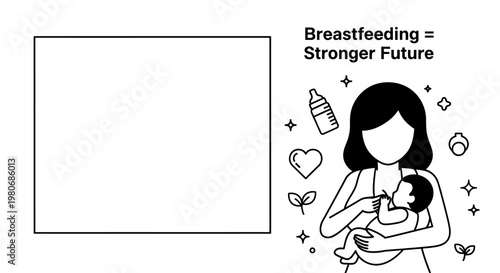 Black and white line art illustration of a mother breastfeeding her newborn baby with decorative icons.