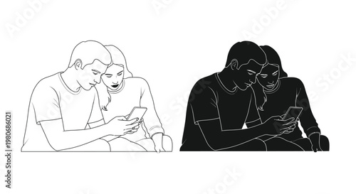 Young couple using a smartphone together, sharing digital content, a modern vector illustration graphic design