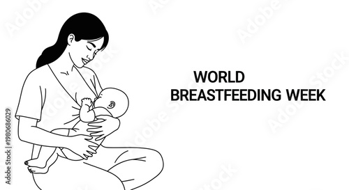 Line art illustration of a mother breastfeeding her baby for World Breastfeeding Week.