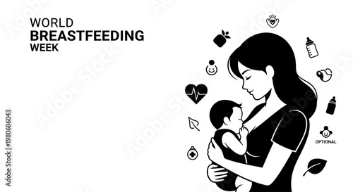 Black and white illustration of a mother breastfeeding her baby.