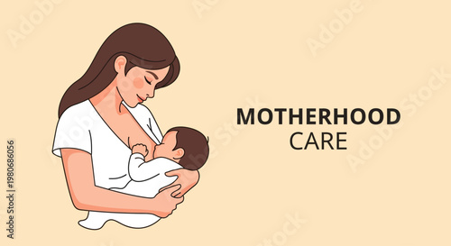 A loving mother breastfeeding her newborn baby with motherhood care text.