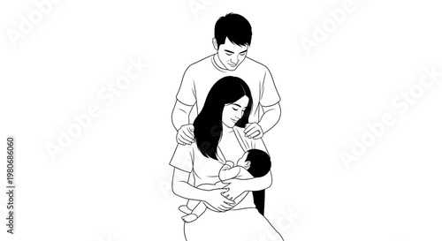 A loving father supporting his wife breastfeeding their newborn baby.