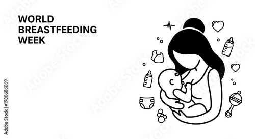 World Breastfeeding Week Illustration Featuring Mother Nursing Baby.