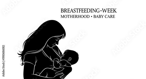 Black silhouette of a mother breastfeeding her newborn baby isolated on white background.