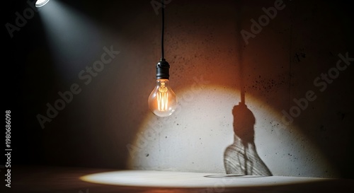 Conceptual light bulb casting a human shadow on a dark wall.