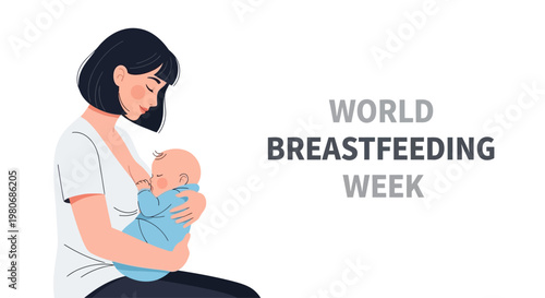A loving mother breastfeeding her newborn baby in a flat illustration style.