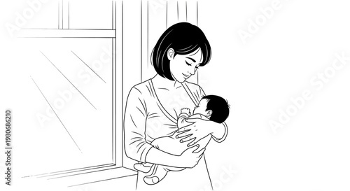 Black and white line art illustration of a mother breastfeeding her newborn baby.