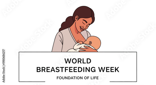 A loving mother breastfeeding her newborn baby illustration for World Breastfeeding Week.