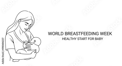 Line art illustration of a mother breastfeeding her newborn baby for World Breastfeeding Week.