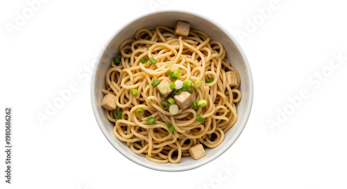Creamy Noodles with Tofu Cubes and Green Onions in White Bowl