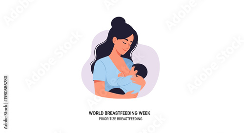 A mother gently breastfeeding her newborn baby illustration.