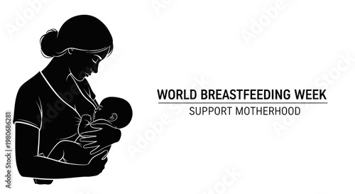Black and white silhouette illustration of a mother breastfeeding her baby.