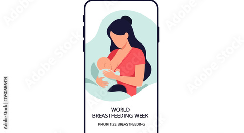 A flat vector illustration of a mother breastfeeding her baby on a mobile phone screen for World Breastfeeding Week awareness.