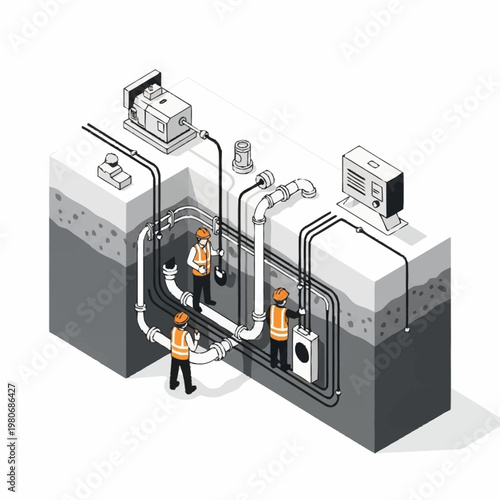 Isometric illustration of industrial workers operating complex machinery and piping systems.