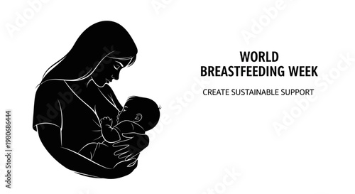 Silhouette illustration of a mother breastfeeding her baby for World Breastfeeding Week.