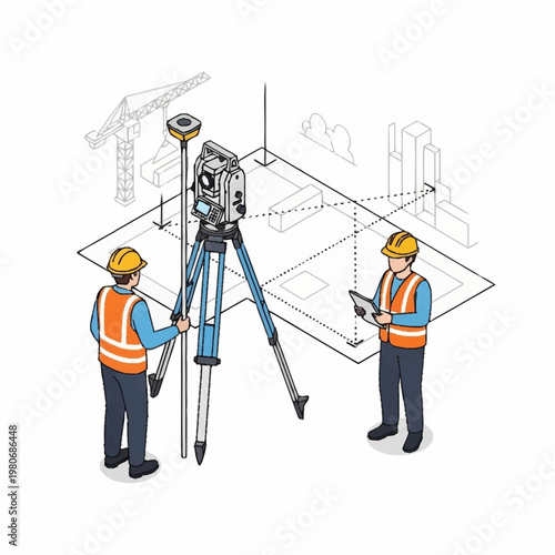 Construction workers using surveying equipment.