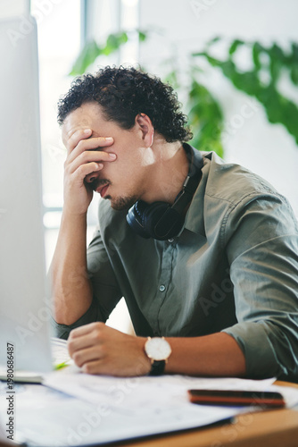 Obraz na plátne Office, stress and tired business man with deadline pressure, tax burnout or financial crisis