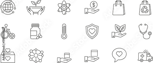 Minimalist thin line healthcare medical ecology outline icons, charity donation box, ambulance transport, eco friendly plant, science vector illustration set