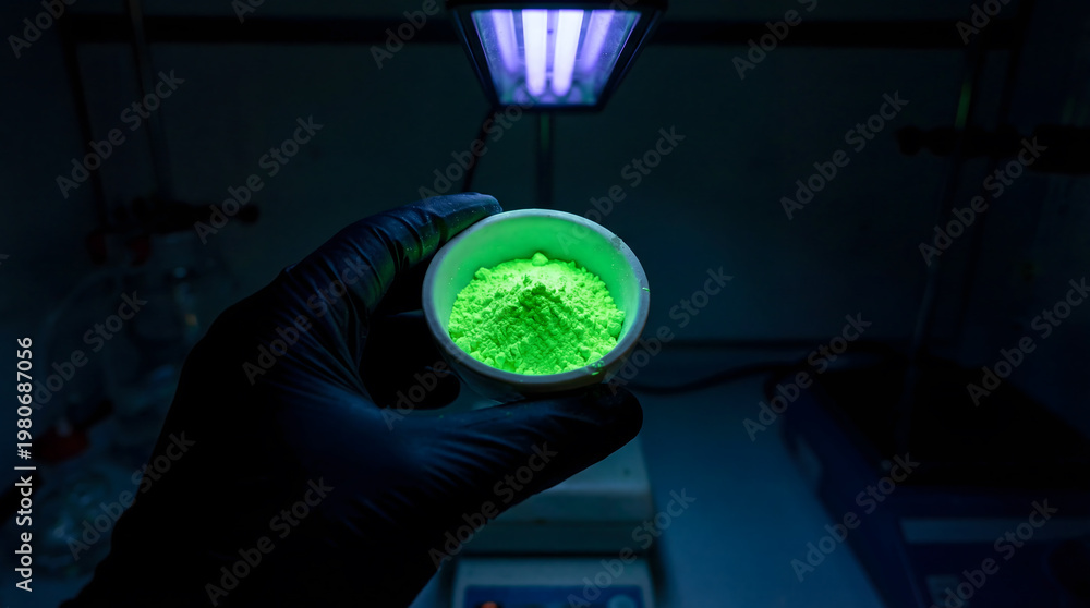 Fototapeta premium Gloved hand holding fluorescent powder glowing under uv light
