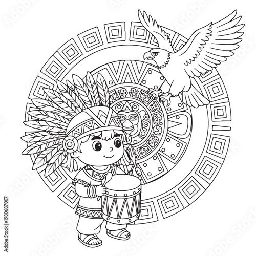 young aztec boy playing drum, eagle flying, traditional mesoamerican calendar background.