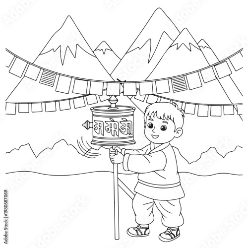 Boy spinning prayer wheel in mountainous region with prayer flags.