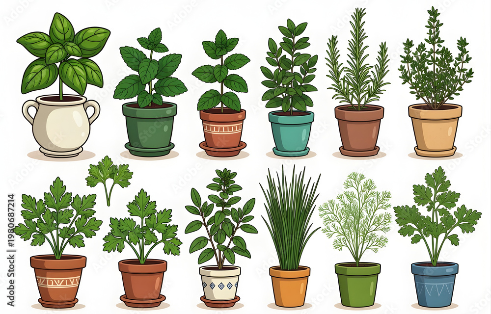 Fototapeta premium Collection of Potted Fresh Green Herbs in Ceramic Pots Isolated on White Background, Herb Garden Vector Illustration