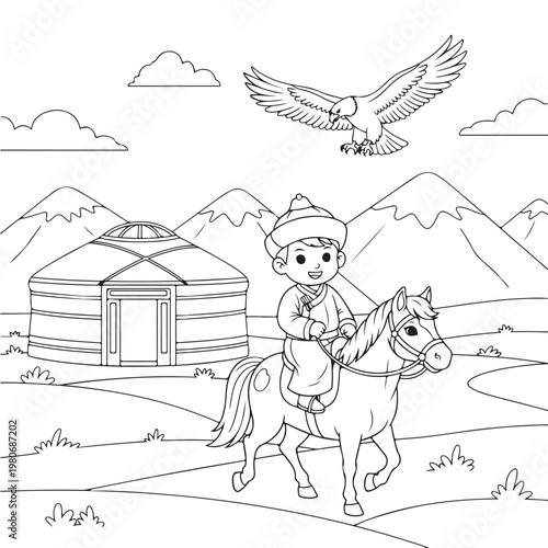 Mongolian boy in national costume riding horse on steppe, mountains with yurt and eagle.