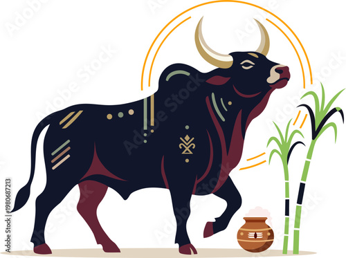 Jallikattu Bull Illustration with Pongal Symbols and Sugar Cane