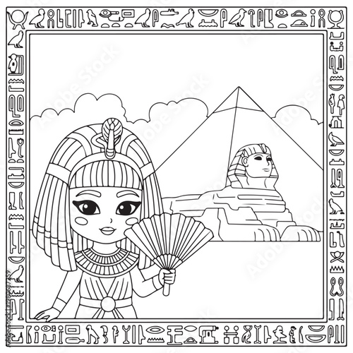 Ancient egyptian queen with pharaoh crown and hand fan coloring page near pyramids and sphinx.